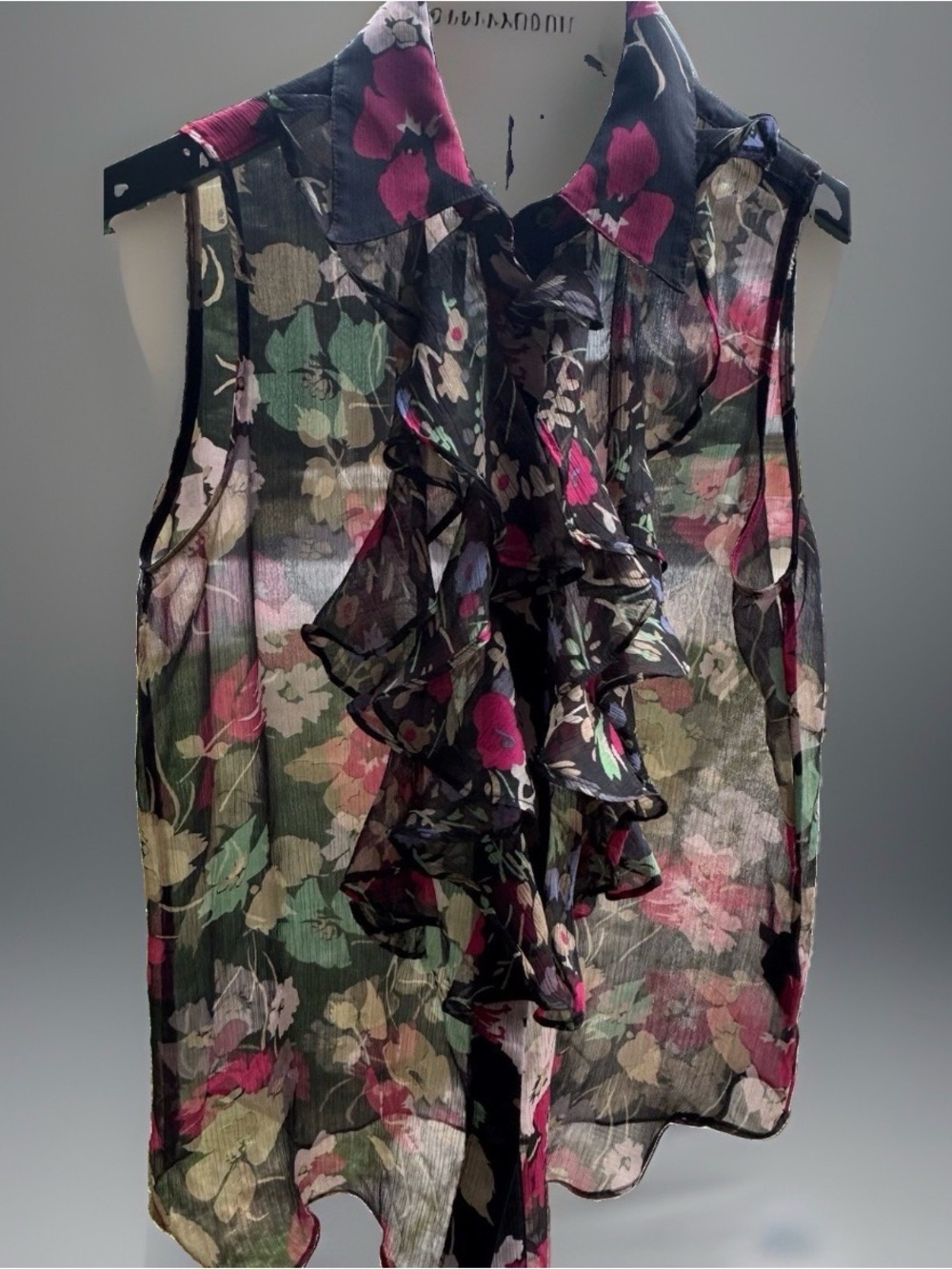 Ralph Lauren Sheer Floral Ruffle Sleeveless Blouse - Black Multi 6p